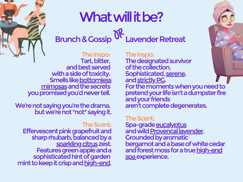 The image is a comparison of two different spa experiences, the "Brunch & Gossip" and the "Lavender Retreat". The text provides descriptions of each experience, highlighting the unique features of each.