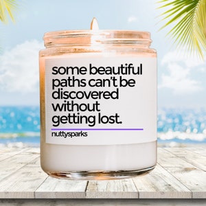 beautiful path scented soy candle , travel inspired gifts for travelers, travel lover themed candles, wanderlust, adventure, backpacking