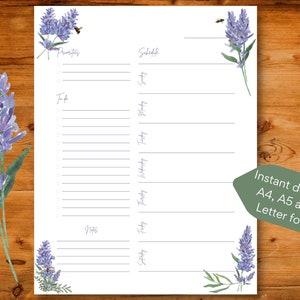 Pagina modello di pianificazione senza data stampabile lavanda illustrata settimanale, download istantaneo, A4/A5/US Letter