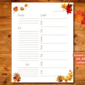 Druckbare undatierte Planer-Vorlage mit Herbstblättern, Sofort-Download, A4 / A5 / US Letter