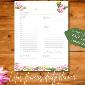 Täglicher undatierter Planer mit Lotusblumen zum Ausdrucken, Sofort download, A4 / A5 / US Letter