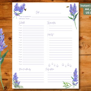 Página de plantilla de planificador sin fecha imprimible diariamente ilustrada con lavanda, Descarga instantánea, A4 / A5 / Carta de EE. UU.