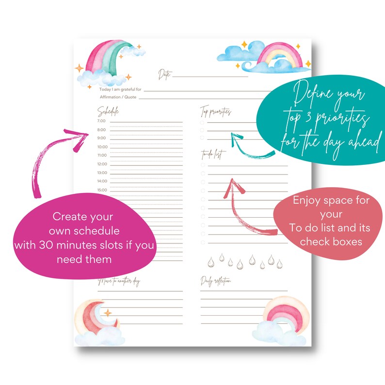 Daily Printable Undated Planner Template Page Illustrated With Rainbows ...