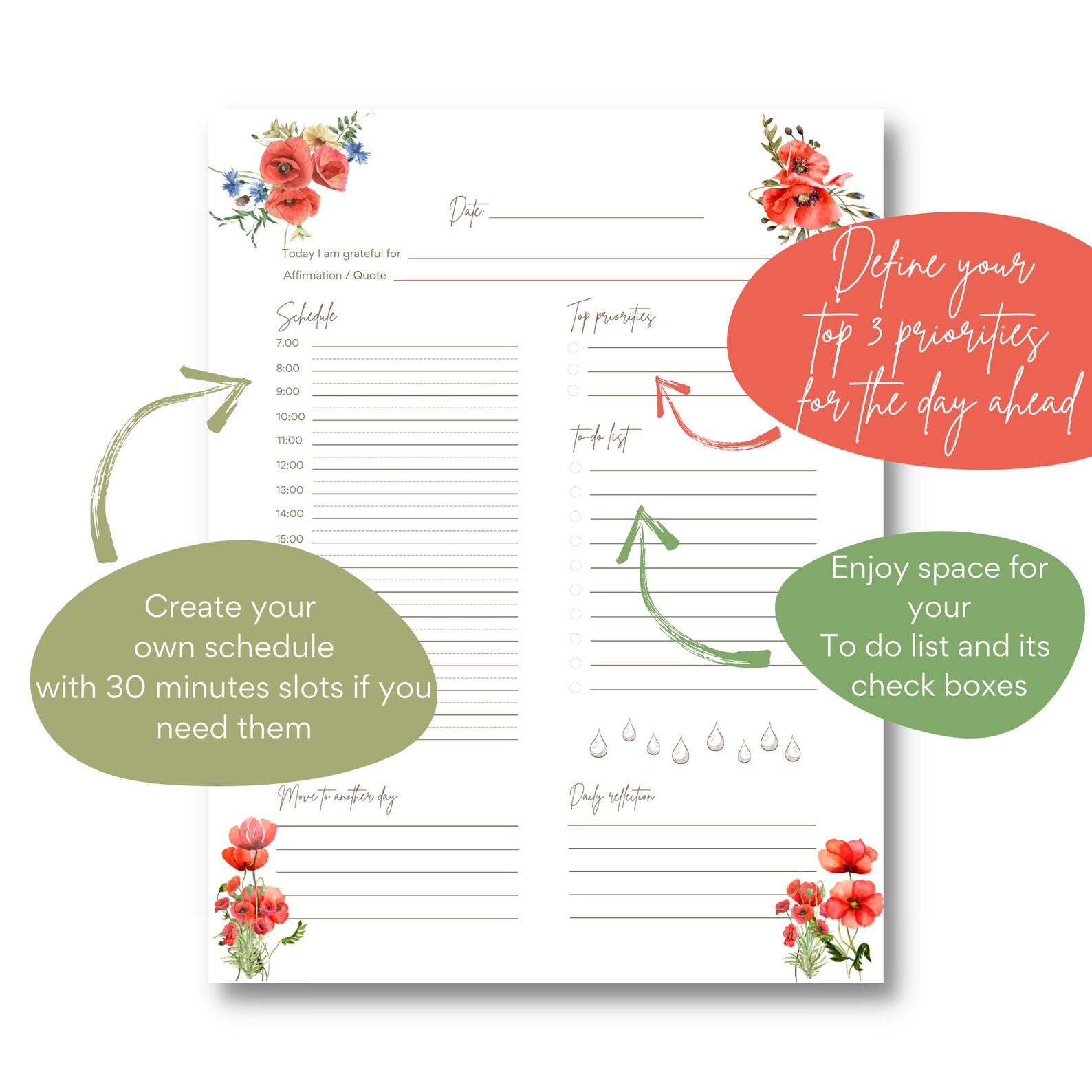 Daily Printable Undated Planner Template Page Illustrated With Poppy ...