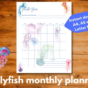 Monatlicher undatierter Planer mit Quallen illustriert, Sofort download, A4 / A5 / US Letter