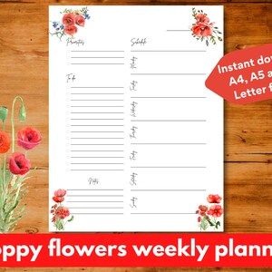 Pagina modello di pianificazione settimanale stampabile senza data illustrata con fiori di papavero, download istantaneo, A4/A5/US Letter