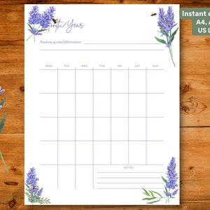 Monatliche druckbare undatierte Planer-Vorlage mit Lavendel, Sofort-Download, A4 / A5 / US Letter