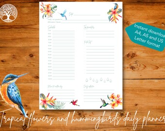 Daily printable undated planner template page illustrated with tropical flowers, Instant download, A4 / A5 / US Letter