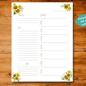 Druckbare undatierte Planer-Vorlage mit Sonnenblumen, Sofort-Download, A4 / A5 / US Letter