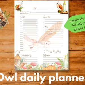 Täglicher undatierter Planner mit Eulen illustriert, Sofort-Download, A4 / A5 / US Letter