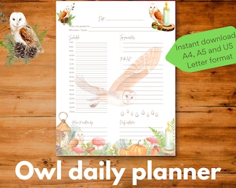 May include: A printable daily planner featuring a watercolor illustration of an owl, a lantern, mushrooms, and pumpkins. The planner includes sections for scheduling, top priorities, to-do list, and daily reflections. The text "Today I am grateful for Affirmations/Quotes" is at the top of the page.