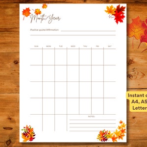 Monatliche druckbare undatierte Planer-Vorlage mit Herbstblättern, Sofort-Download, A4 / A5 / US Letter