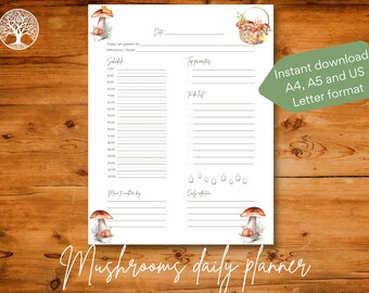 Daily printable undated planner template page illustrated with mushrooms,Instant download, A4 / A5 / US Letter