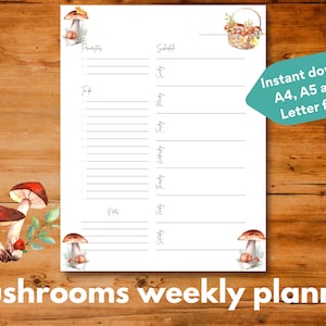 Druckbare undatierte Planer Vorlage Seite mit Pilzen zum Ausdrucken, Sofort download, A4 / A5 / US Letter