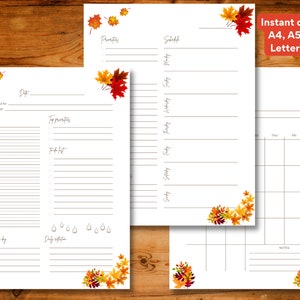 Paquete de páginas de plantilla de planificador sin fecha imprimibles diarias, semanales y mensuales ilustradas con hojas de otoño, Descarga instantánea, A4 / A5 / Carta de EE. UU.