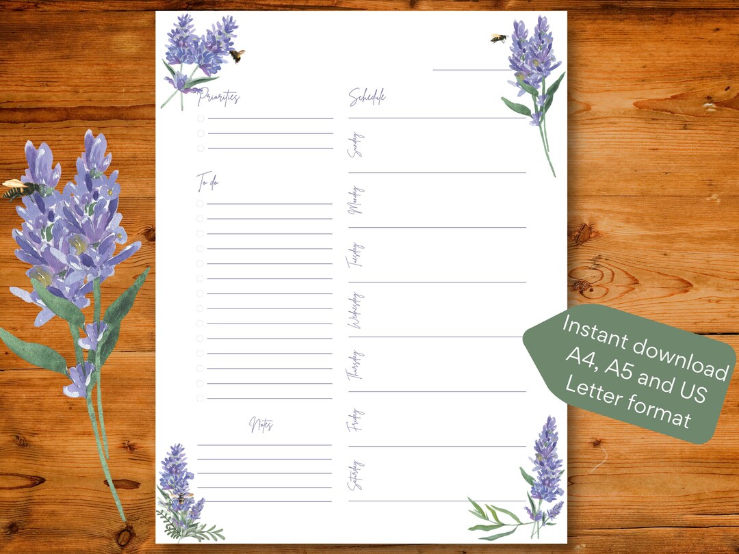 Weekly Illustrated Lavender Printable Undated Planner Template Page ...