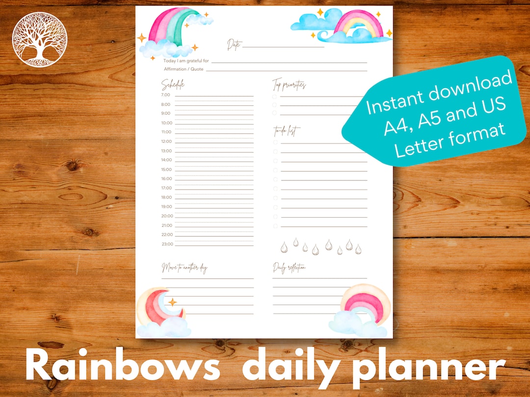 Daily Printable Undated Planner Template Page Illustrated With Rainbows ...