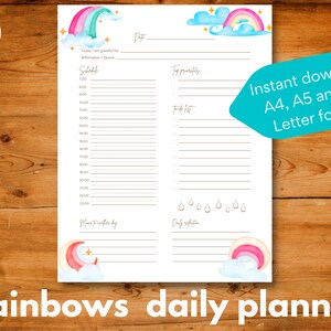 Täglicher undatierter Planer mit Regenbogen und Wolken zum Ausdrucken, Sofort-Download, A4 / A5 / US Letter