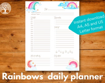 Daily printable undated planner template page illustrated with rainbows and clouds,Instant download, A4 / A5 / US Letter