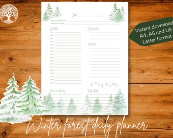 May include: A printable daily planner with a winter forest theme. The planner features a schedule section with hourly time slots from 7:00 AM to 11:00 PM, a top priorities section, a to-do list section, and a daily reflection section. The planner is decorated with watercolor illustrations of snow-covered pine trees.