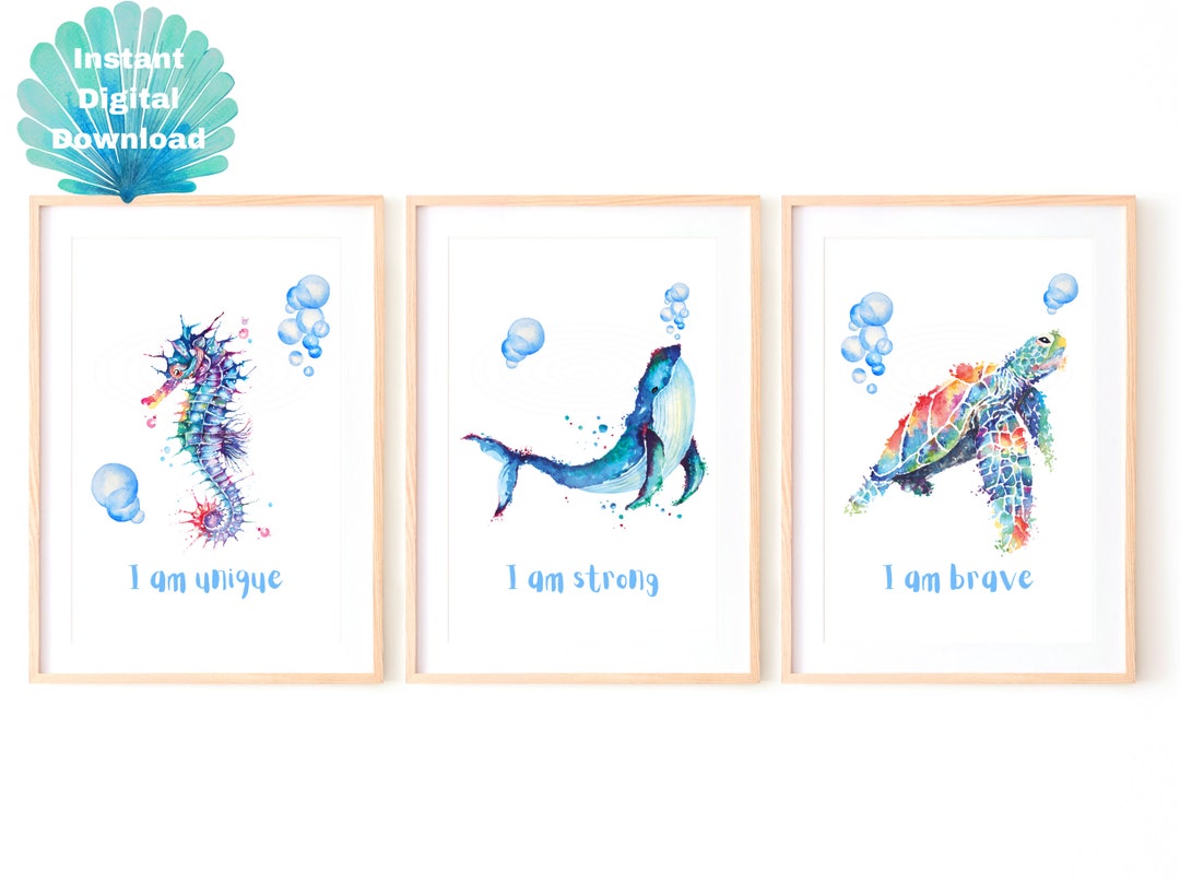 Watercolour Sea Animals Nursery Wall Art, Set of 3, Ocean Animals, Sea ...