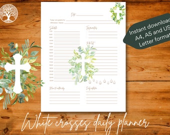 Daily Christian printable undated planner template page illustrated with white crosses, Instant download, A4 / A5 / US Letter