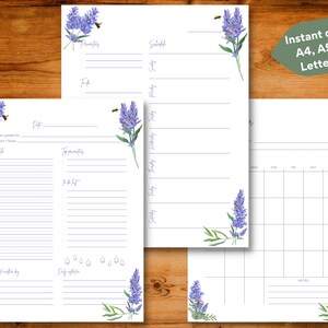 Paquete de páginas de plantilla de planificador sin fecha imprimibles diarias, semanales y mensuales ilustradas con lavanda, descarga instantánea, A4 / A5 / Carta de EE. UU.