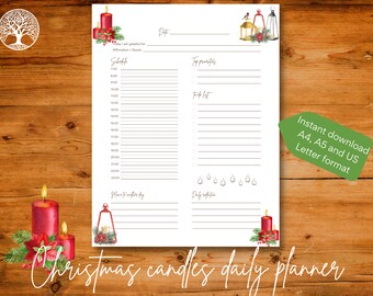Daily printable undated planner template page illustrated with Christmas decorations, Instant download, A4 / A5 / US Letter