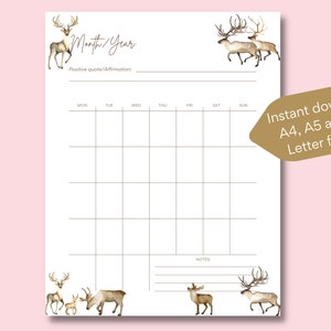 Monatliche druckbare undatierte Planer-Vorlage mit Hirsch-Herde, Sofort-Download, A4 / A5 / US Letter