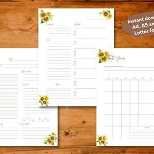 Bundle täglich, wöchentlich & monatlich druckbare undatierte Planer Vorlagen mit Sonnenblumen illustriert, Sofort download, A4 / A5 /US Letter