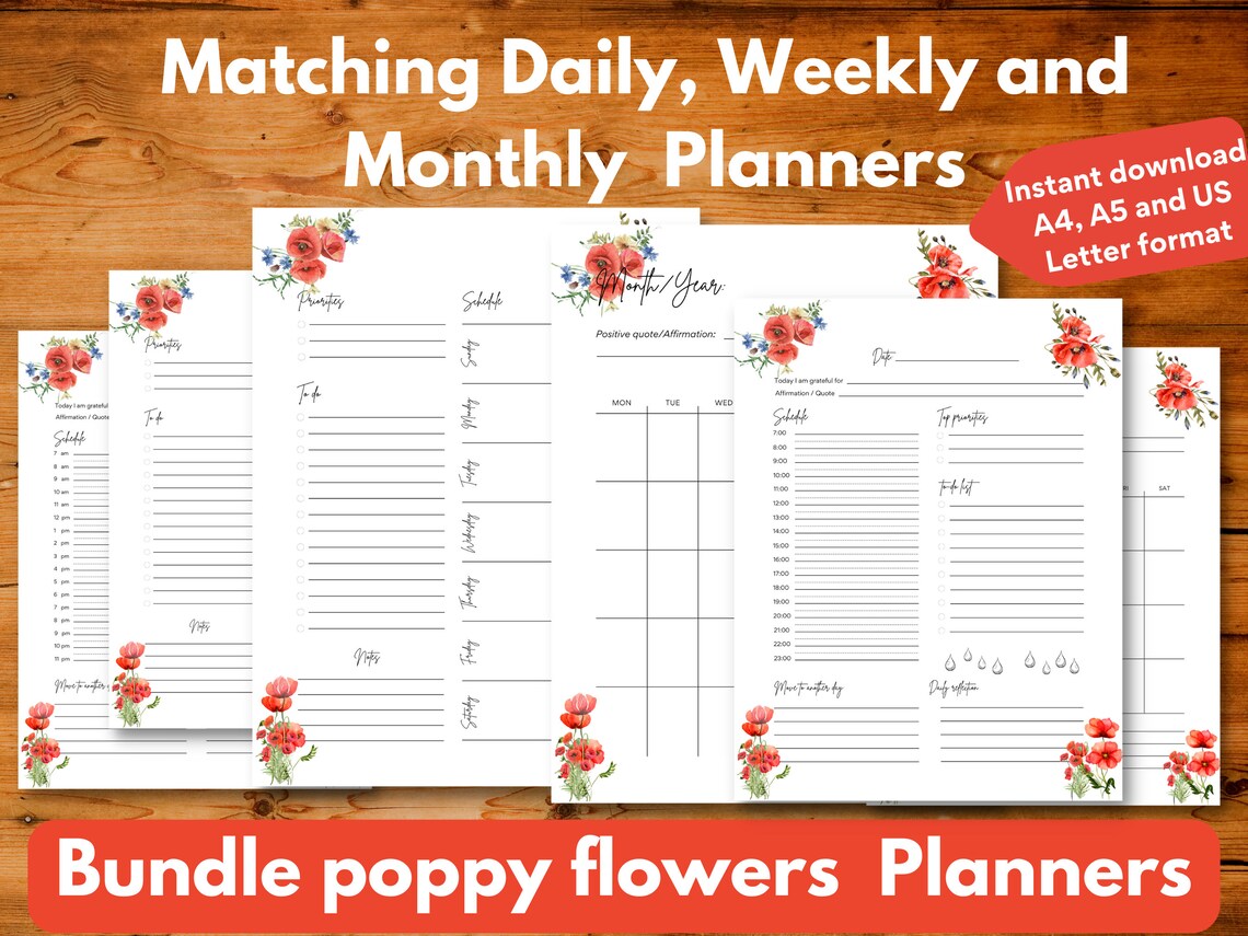 Bundle Daily, Weekly & Monthly Printable Undated Planner Template Pages ...