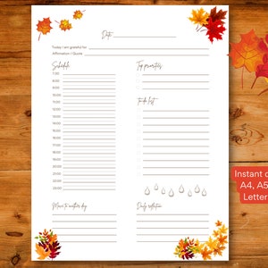 Página de plantilla de planificador sin fecha imprimible diariamente ilustrada con hojas de otoño, descarga instantánea, A4 / A5 / Carta de EE. UU.