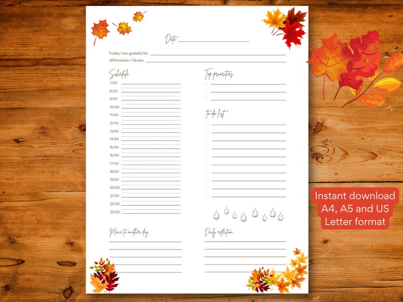 Daily Printable Undated Planner Template Page Illustrated With Autumn ...