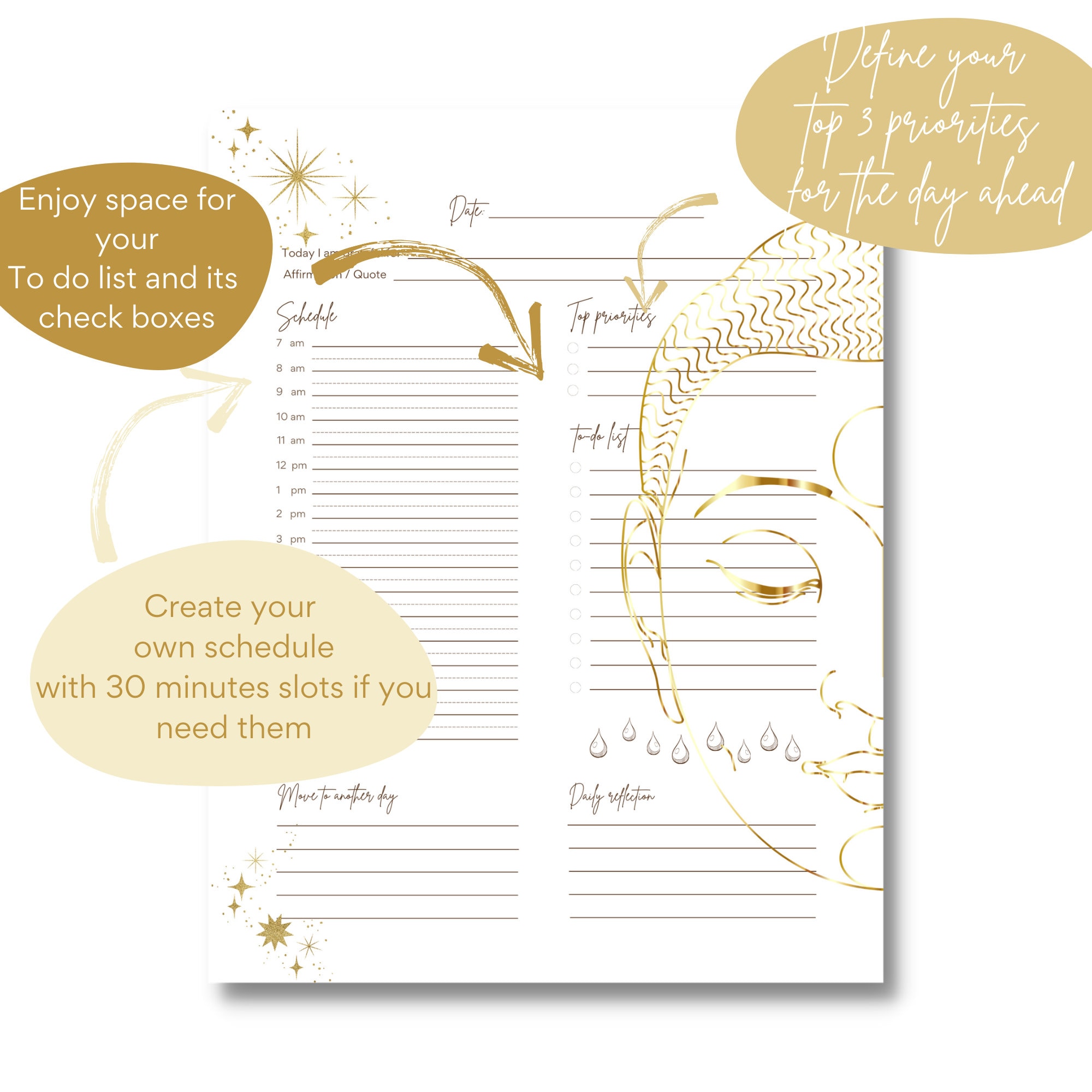 Daily Printable Undated Planner Template Page Illustrated With a Golden ...