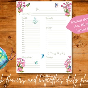 Täglicher undatierter Planer zum Ausdrucken mit rosa Blumen, Sofort download, A4 / A5 / US Letter