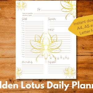 Täglich druckbare undatierte Planer Vorlage mit einem goldenen Lotus illustriert, Sofort-Download, A4 / A5 / US Letter