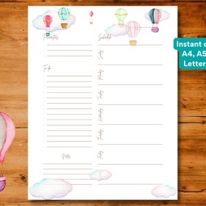 Druckbare undatierte Planer-Vorlage mit Heißluftballons, Sofort-Download, A4 / A5 / US Letter