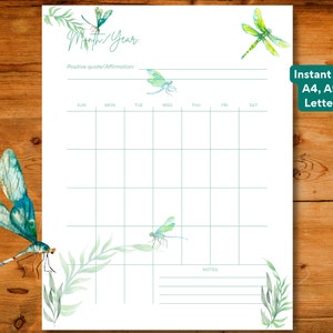 Monatlicher undatierter Planer mit Libellen illustriert, Sofort download, A4 / A5 / US Letter