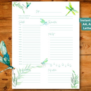 Libelle Illustrierter druckbarer Tagesplaner | Undatiert | Sofort Download | A4/A5/US Letter