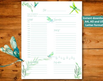 Dragonfly Illustrated Printable Daily Planner | Undated | Instant Download | A4/A5/US Letter