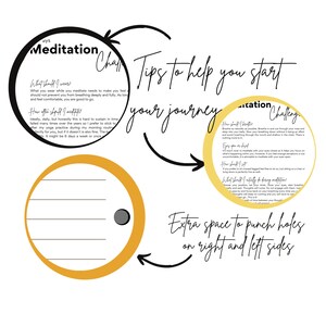 May include: A printable meditation challenge with tips to help you start your journey. The printable features two yellow circles with black outlines and text inside. The text includes "Meditation Challenge", "What should I wear", "How often should I meditate", "How should I breathe", "Eyes open or closed", "How should I sit", "What should I actually do during meditation".