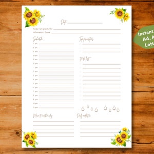Täglicher undatierter Planer mit Sonnenblumen zum Ausdrucken, Sofort download, A4 / A5 / US Letter