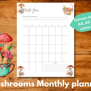 Monatliche undatierte Planer Vorlage mit Pilzen zum Ausdrucken, Sofort download, A4 / A5 / US Letter