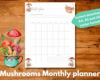 Monthly printable undated planner template page illustrated with mushrooms, Instant download, A4 / A5 / US Letter