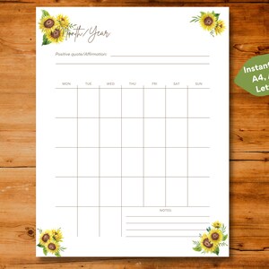 Monatliche druckbare undatierte Planer-Vorlage mit Sonnenblumen, Sofort-Download, A4 / A5 / US Letter