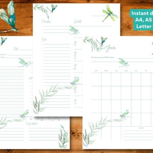 Bundle täglich, wöchentlich & monatlich druckbare undatierte Planer Vorlagen mit Libellen illustriert, Sofort download, A4 / A5 /US Letter