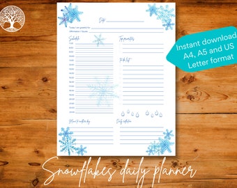 Daily printable undated planner template page illustrated with snowflakes, Instant download, A4 / A5 / US Letter