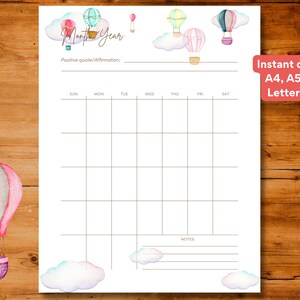 Monatliche druckbare undatierte Planervorlage mit Heißluftballons illustriert, Sofort-Download, A4 / A5 / US Letter