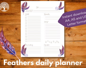 Dagelijks afdrukbare ongedateerde planner sjabloonpagina geïllustreerd met paarse veren, Instant download, A4 / A5 / US Letter