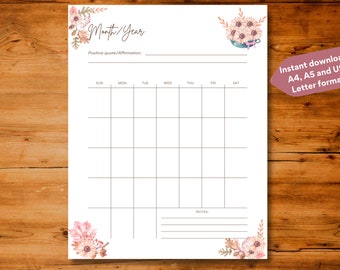 Monthly printable undated planner template page illustrated with autumn daisies, Instant download, A4 / A5 / US Letter